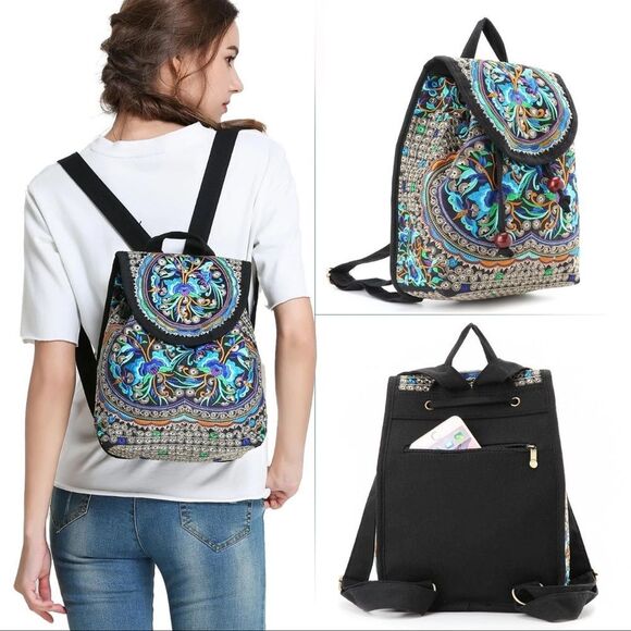 Goodhan Embroidered Bohemian Canvas Backpack Purse Blue/Purple Floral EUC main image 7